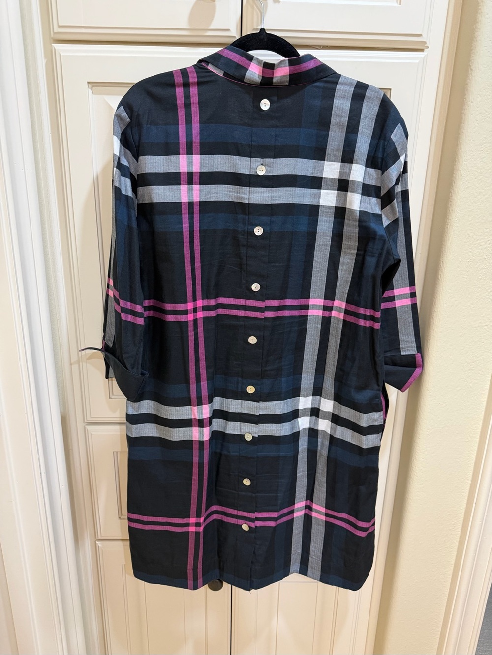 Hinson Mu Relaxed Black Plaid Midi Shirt Dress with Pink Stripe - Picture 3 of 3